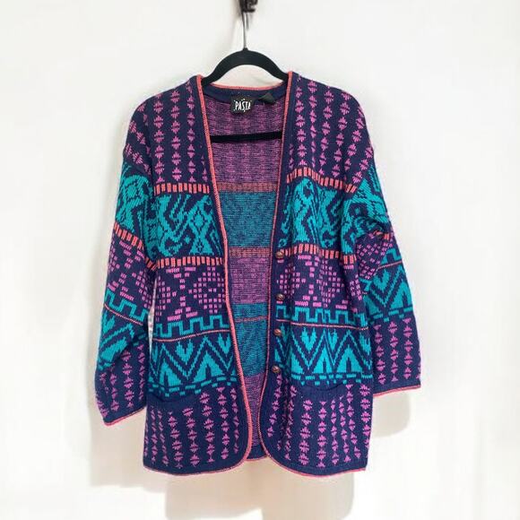 Pasta Sweaters - Vintage 80s Chunky Cardigan Sweater Colorful Aztec Patterned Women's M  Preppy